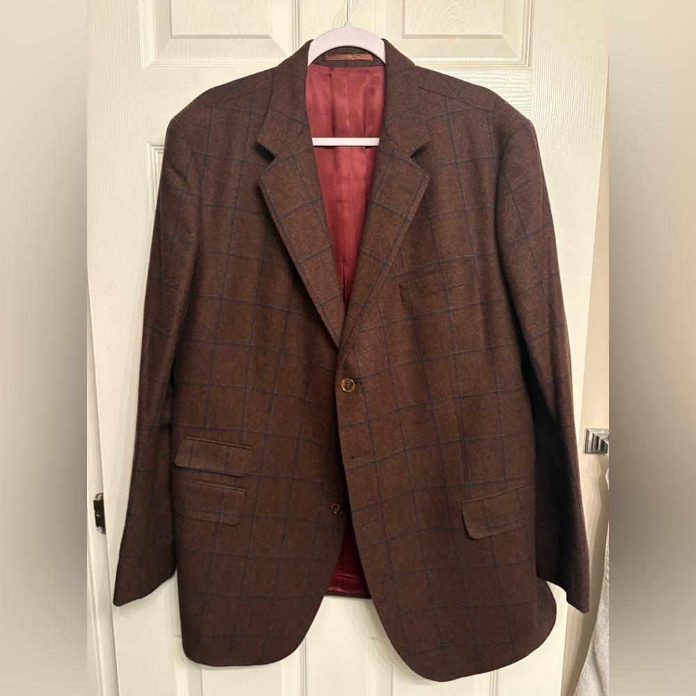 Oliver Wicks Brown Plaid 100% Cashmere Three Button Suit Jacket